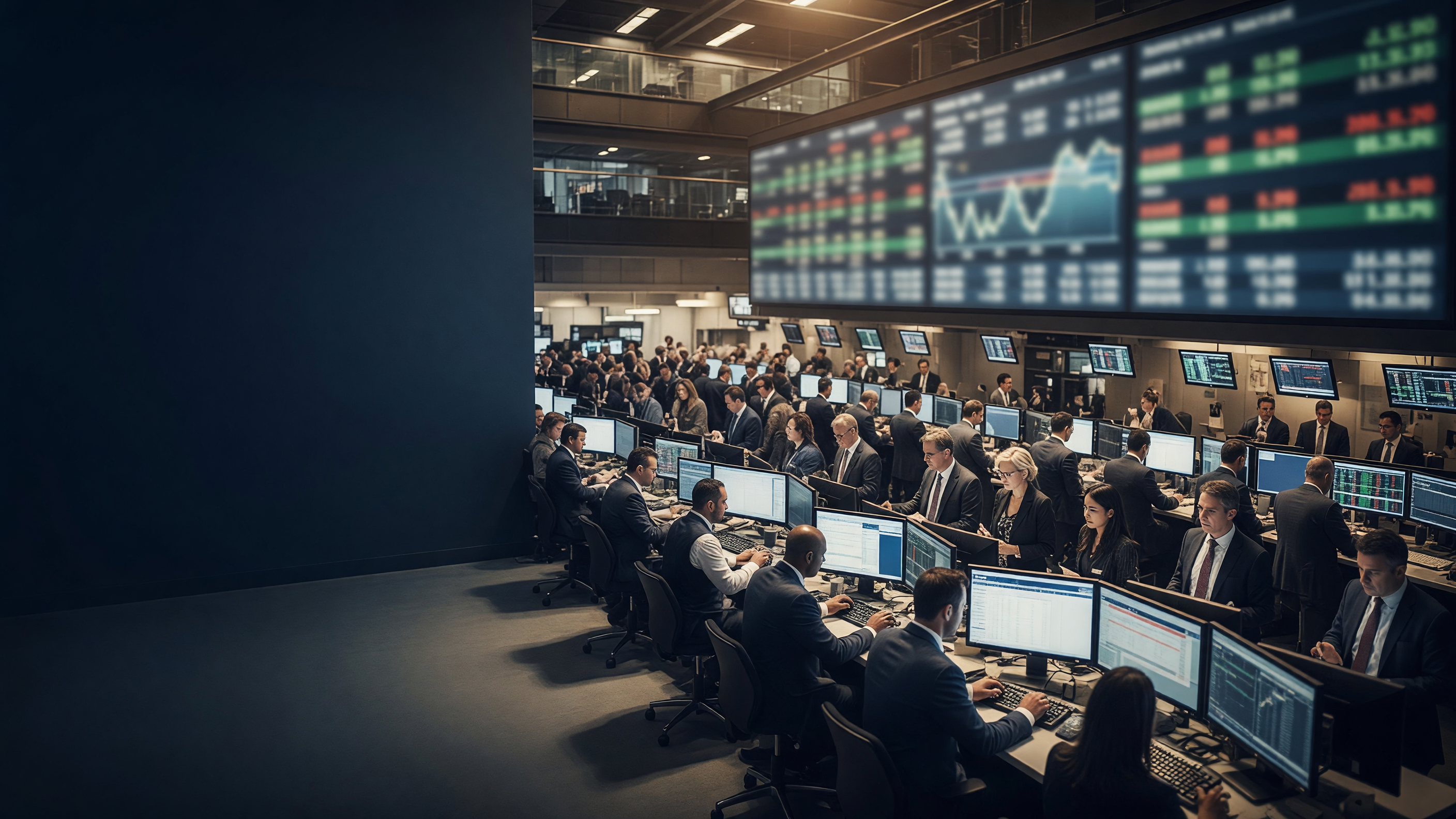 Busy modern market trading floor with professionals at research terminals